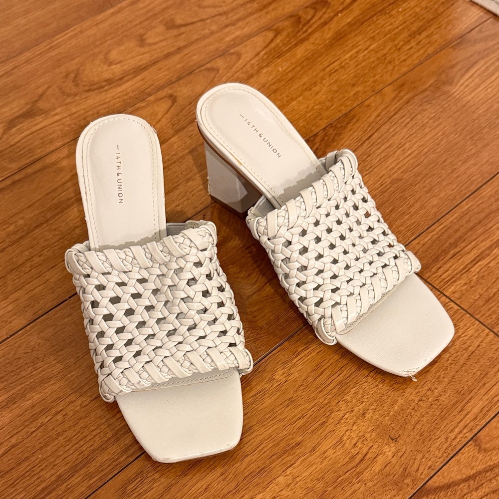 The Label: White Woven Block Heel Mules
